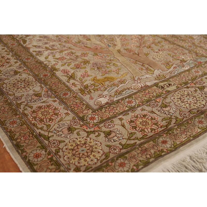 Hand Knotted Oriental Silk & Silver Carpet Traditional Floral Brown Hereke Area Rug - 5' 5'' X 3' 6''