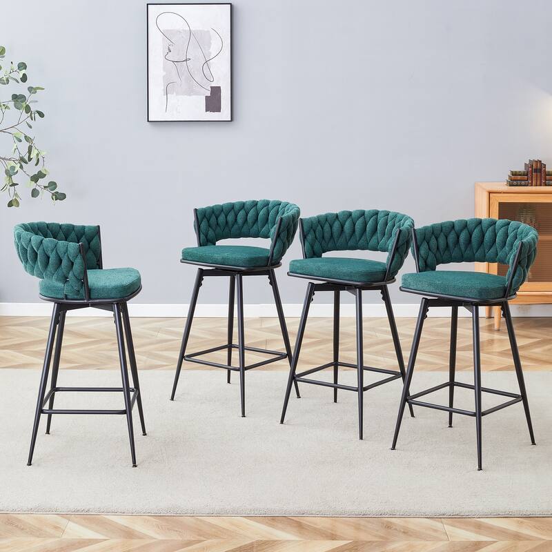 Set of 4 Swivel Bar Stools with Retro Green Linen Seat & Black Iron Frame for Restaurants & Bars