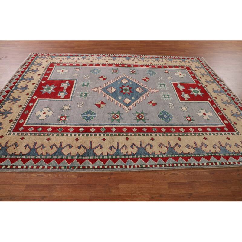 Gray Kazak Oriental Area Rug Dining Room Hand-Knotted Wool Carpet - 6'11" x 9'3"