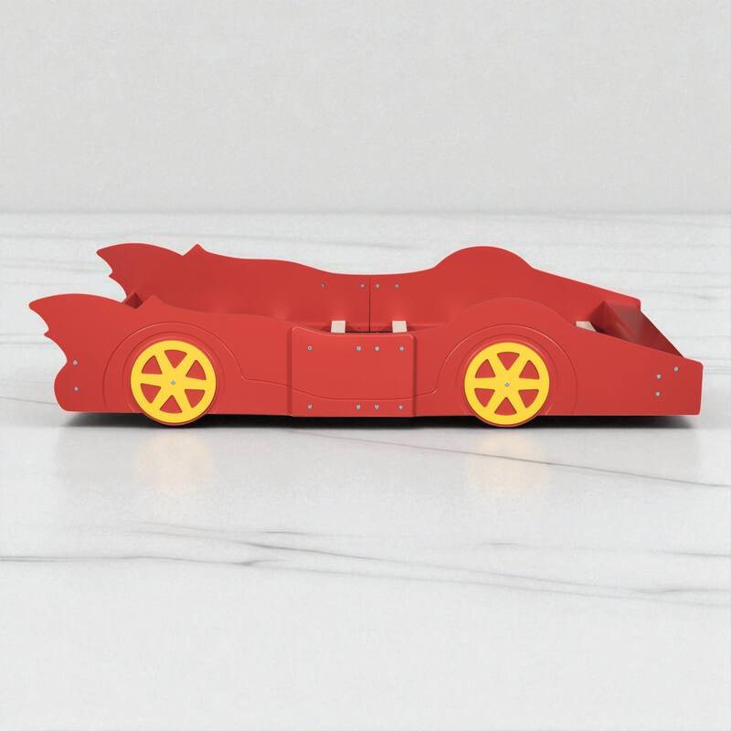 Twin/Full Size Race Car Platform Bed for Kids with Wheels and Side Rails, No Box Spring Needed