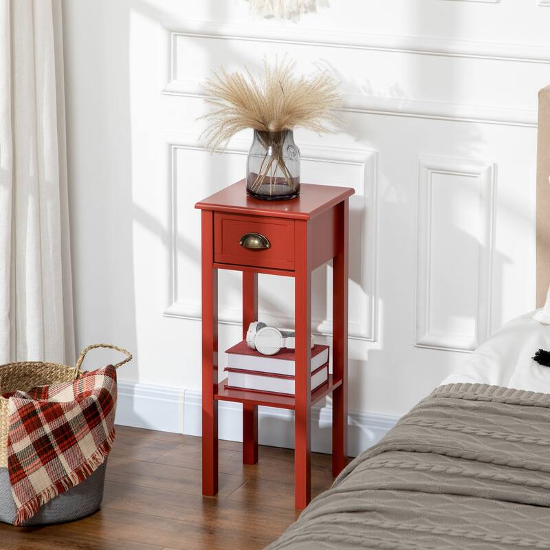 2-Tier Side Table with Drawer, Narrow End Table with Bottom Shelf, for Living Room or Bedroom, Red