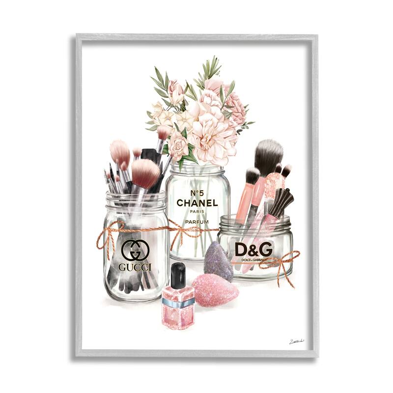 Stupell Fashion Cosmetic Brushes in Glam Jars Framed Wall Art - Pink - 16 x 20 - Grey