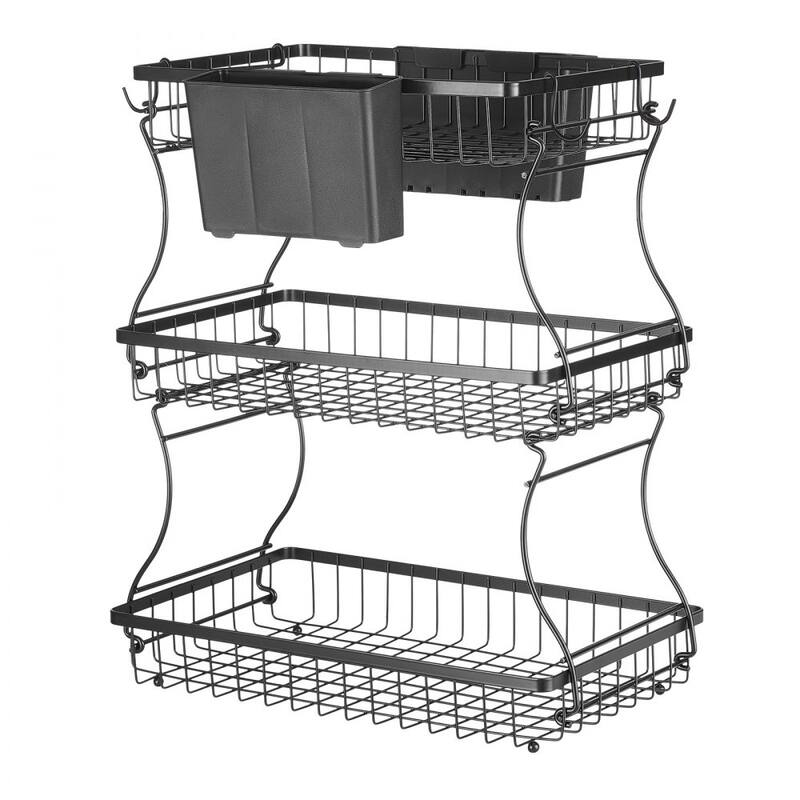 Kitchen Countertop Fruit Storage Rack 3-Tier Matte Black Wire Basket with Side Storage Pouches - 15.16” x 9.06” x 17.91”