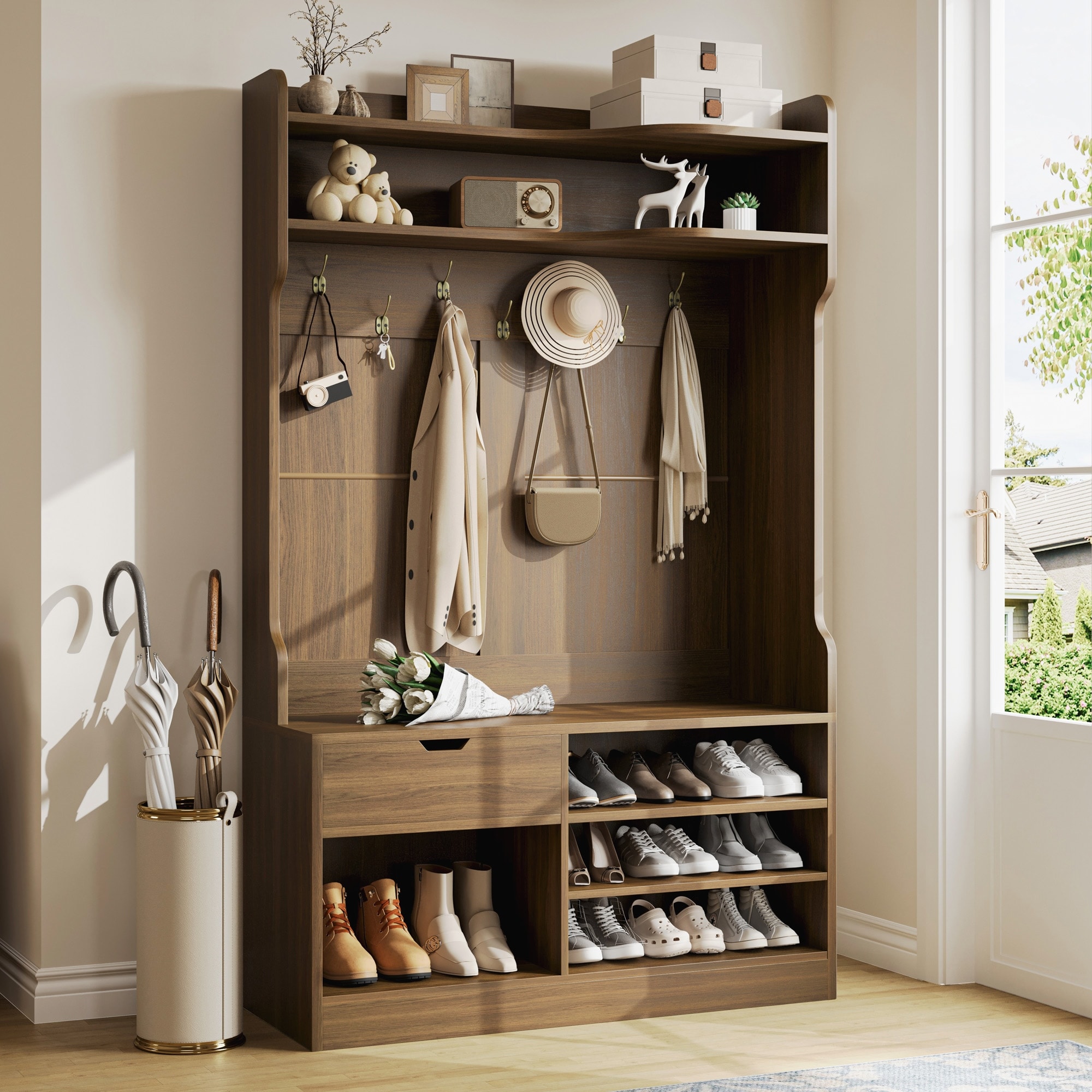 Hall Tree with Bench, 5-in-1 Entryway Storage, 3-Layer Flip Shoe Cabinet, 7 Coat Hooks, Drawer, 42.9" x 15.94" x 70.86"