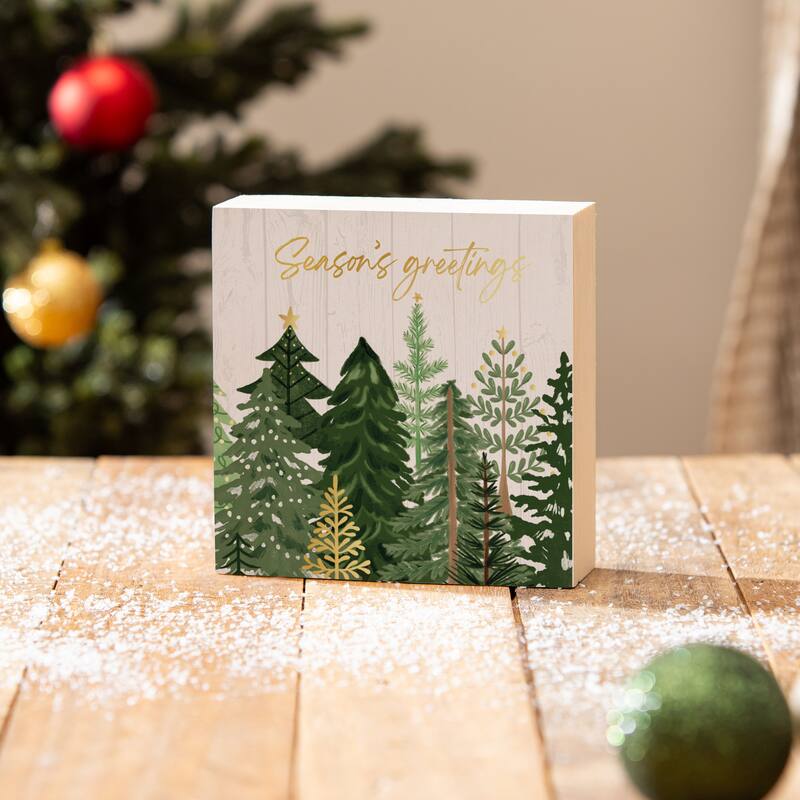 Shades of Green Sign Wood Block - "Seasons Greetings" - 6" x 6" - Multicolor