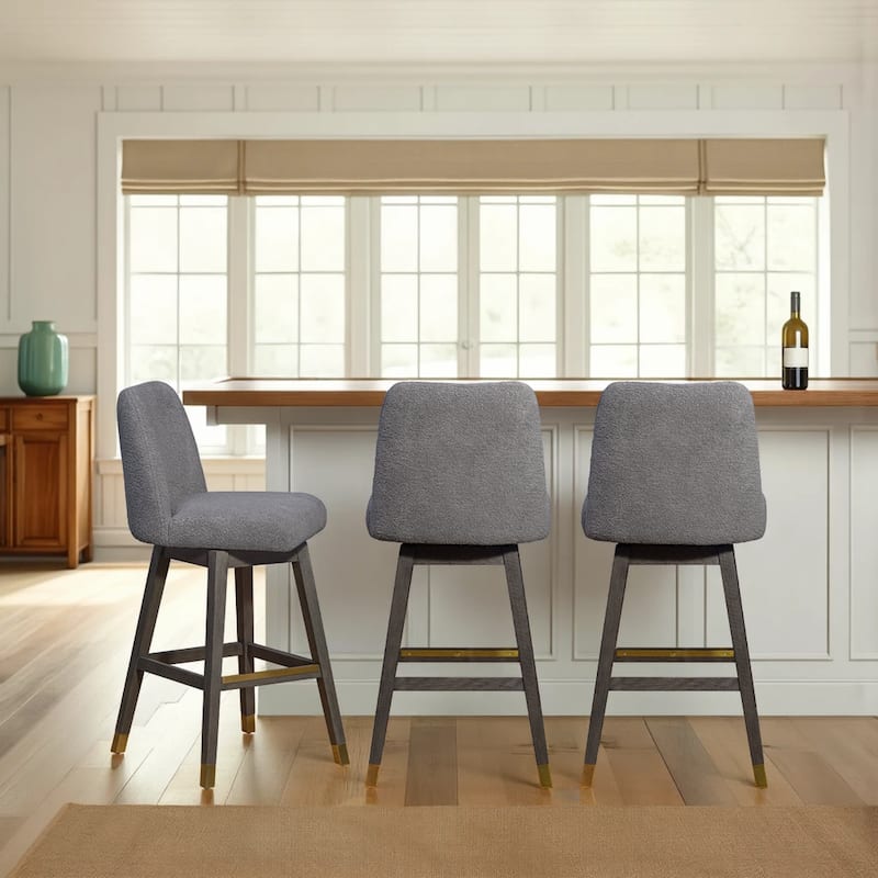 Amalie Upholstered Bar Stool, Swivel Counter Chair with Solid Wood Frame - Set of 3 - Grey Boucle - Bar Height