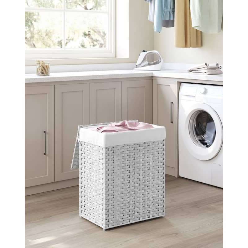 23.8Gallon White Waterproof Rattan Laundry Hamper with Lid and Removable Liner Metal Frame for Small Spaces