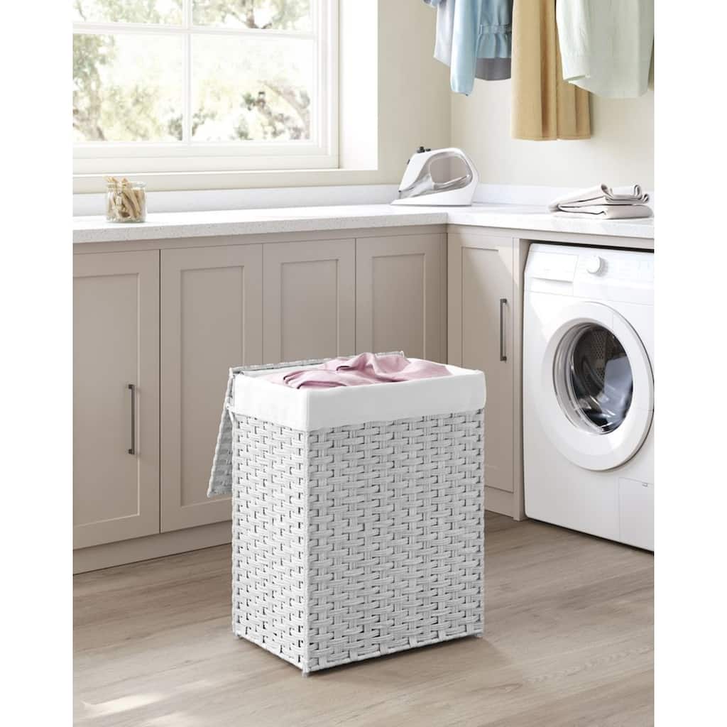 23.8Gallon White Waterproof Rattan Laundry Hamper with Lid and Removable Liner Metal Frame for Small Spaces