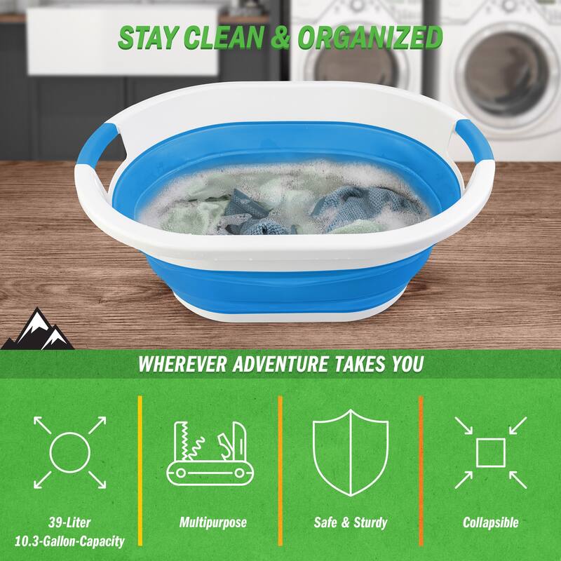 Collapsible Laundry Basket - 10.3-Gallon Portable Sink - Multipurpose Plastic Bin - Camping Essentials by Wakeman Outdoors