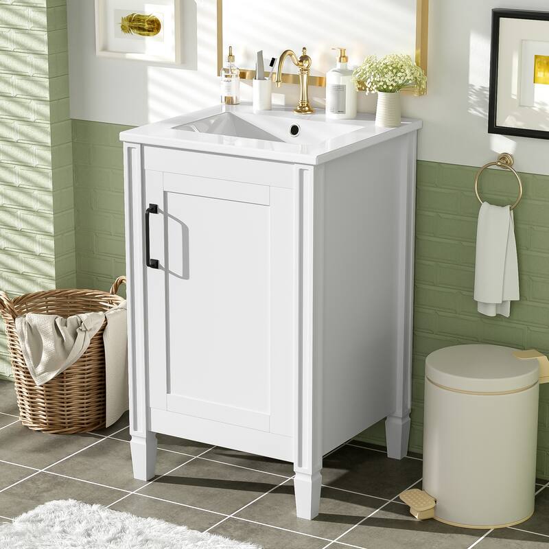 20" Modern Black Bathroom Vanity‌ – Ceramic Sink, Soft-Close Doors & Adjustable U-Shelf - White