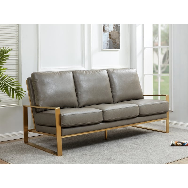 Jefferson Modern Leather Upholstered 3 Seater Loveseat Sofa Chair in Brushed Gold Steel Base with Armrest Removable Cushion