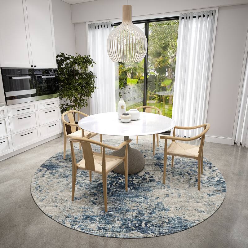 Indoor/ Outdoor Accord Modern Abstract Polyester Washable Rug New - 8' x 8' Round - Navy Taupe