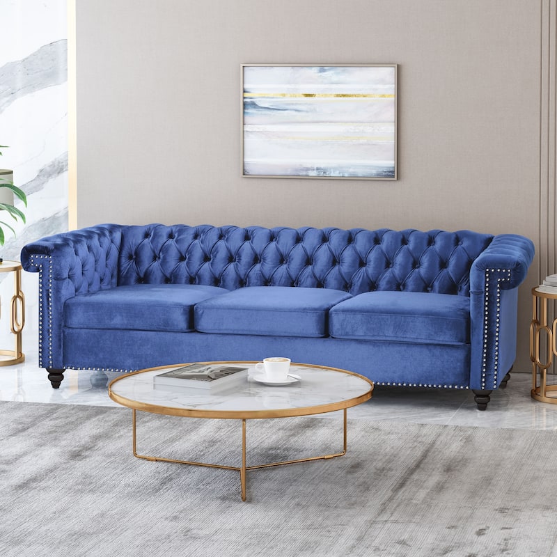 Parkhurst Tufted Velvet Sofa by Christopher Knight Home - Midnight Blue + Dark Brown