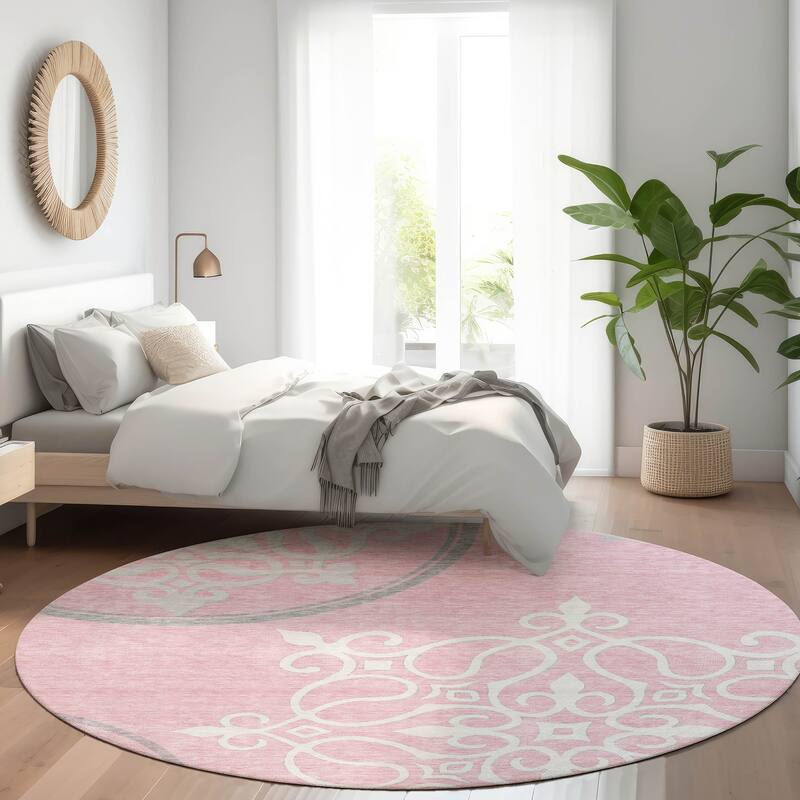 Premium Washable Super Soft Transitional Scroll Mayfield Rug - Pink - 8' x 8'
