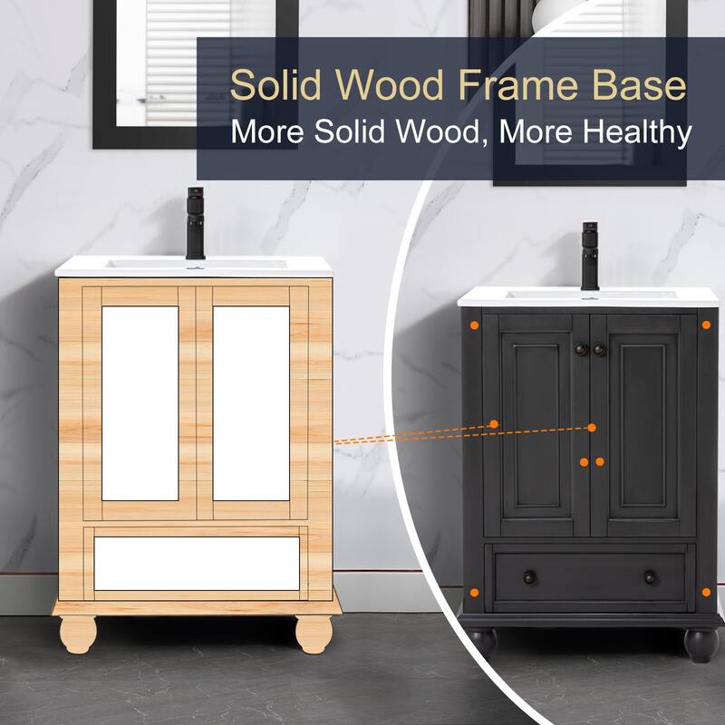 Retro Bathroom Vanity Cabinet Solid Wood Classic with Ceramic Sink