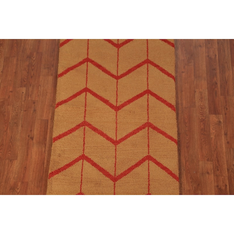 Hand Knotted Oriental 100% Wool Carpet Modern Geometric Oranges & Rust Moroccan Runner Rug - 9' 10'' X 2' 9''