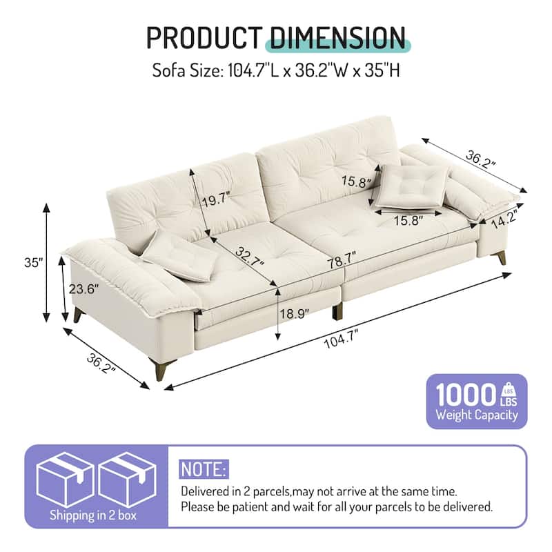 Homy Casa 4-Seat Cloud Sofa with Wide Removable Armrests & Pillows, Golden Legs, Beige Grey