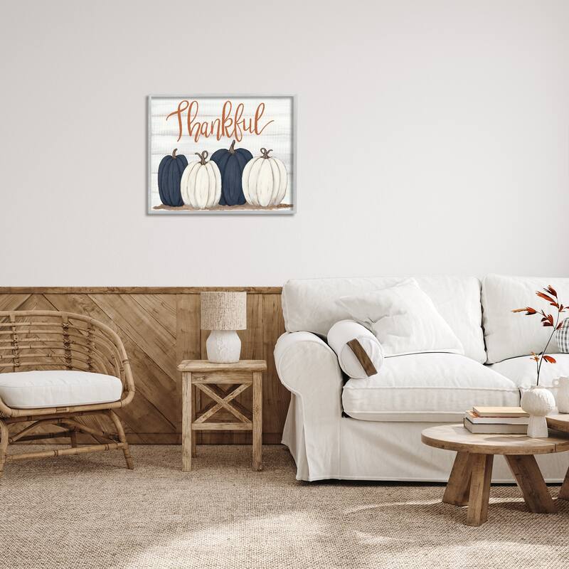 Stupell Autumn Farm Pumpkin Harvest with Thankful Phrase Framed Giclee Texturized Art by Sarah Baker