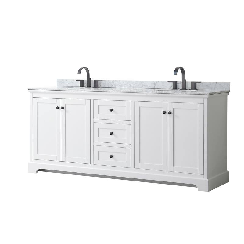Wyndham Collection Avery 80" Free Standing Double Basin Vanity Set - White / White Carrara Marble Top / Matte Black - Painted