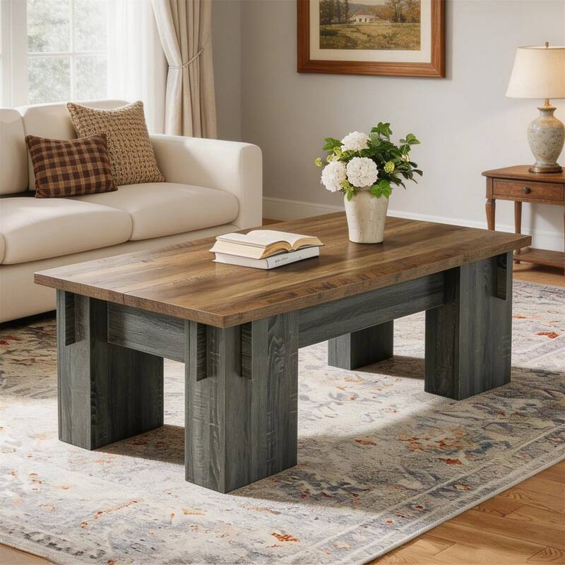 Rectangle Coffee Table, 55'' Farmhouse Center Cocktail Table with Thick Legs - Rustic Brown & Gray