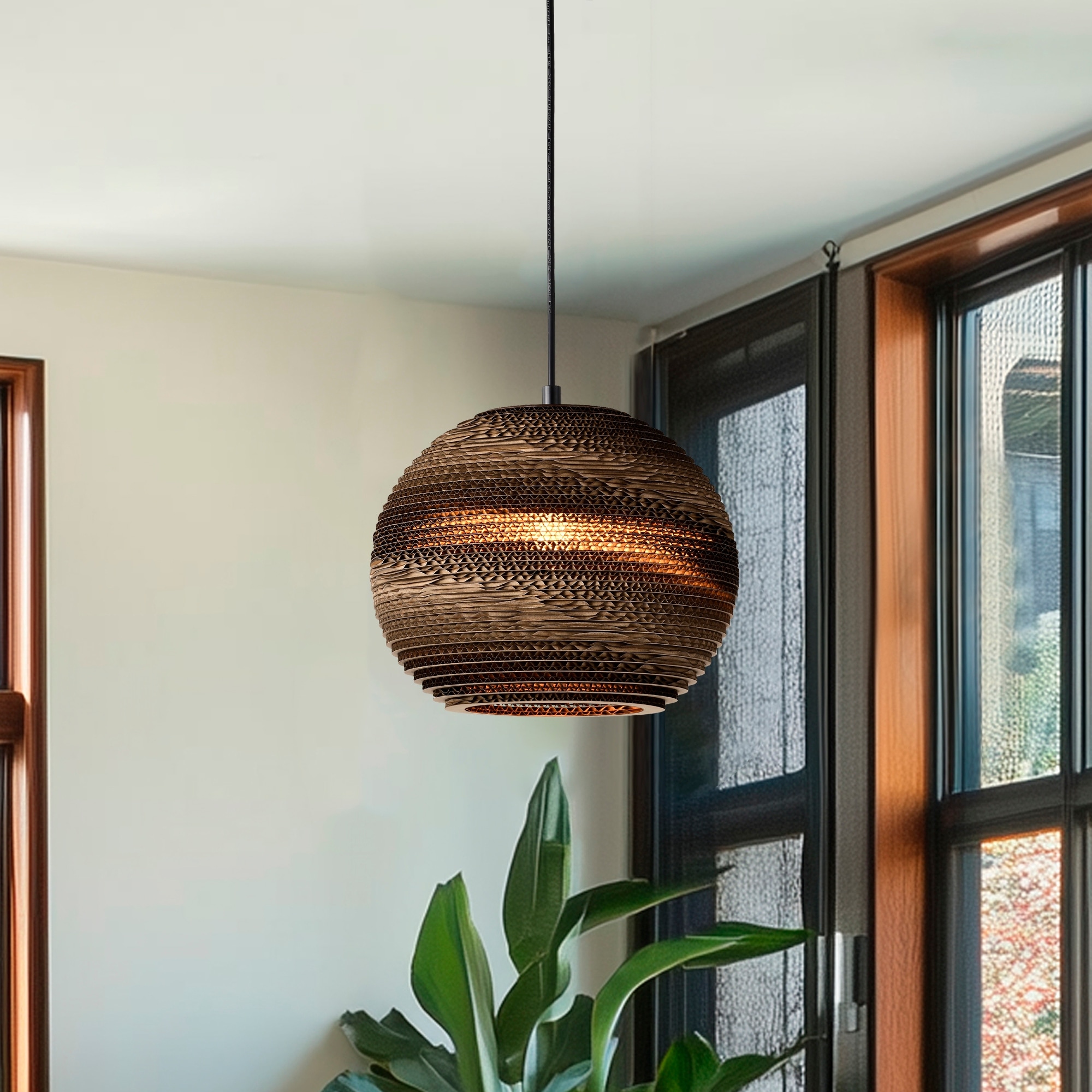 1 light Brown Natural Pendant Light With Nordic Style Globe Paper Shade For Dining Table