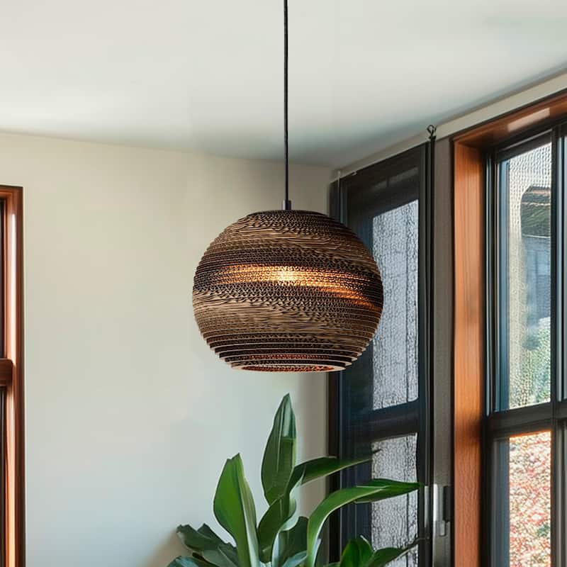 1-light Brown Natural Pendant Light With Nordic Style Globe Cardboard Shade For Dining Table