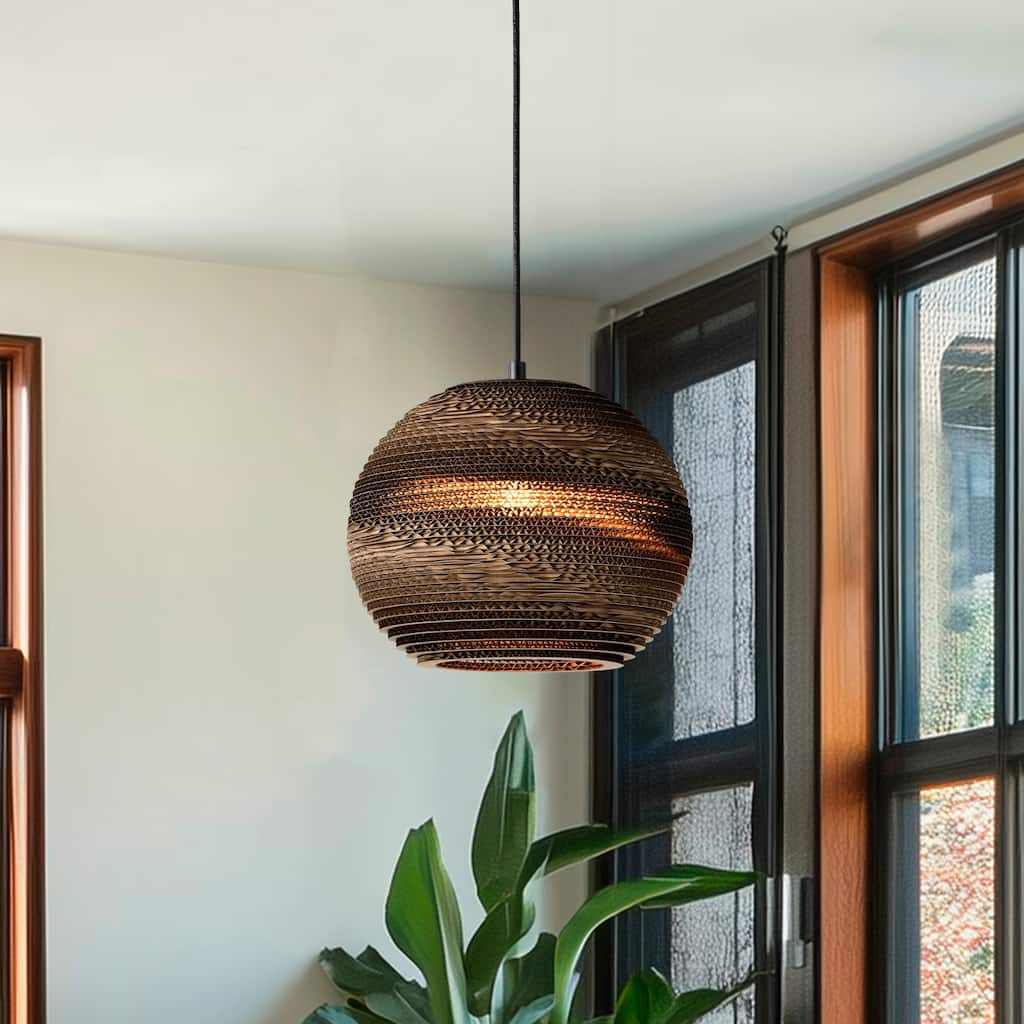 1-light Brown Natural Pendant Light With Nordic Style Globe Cardboard Shade For Dining Table