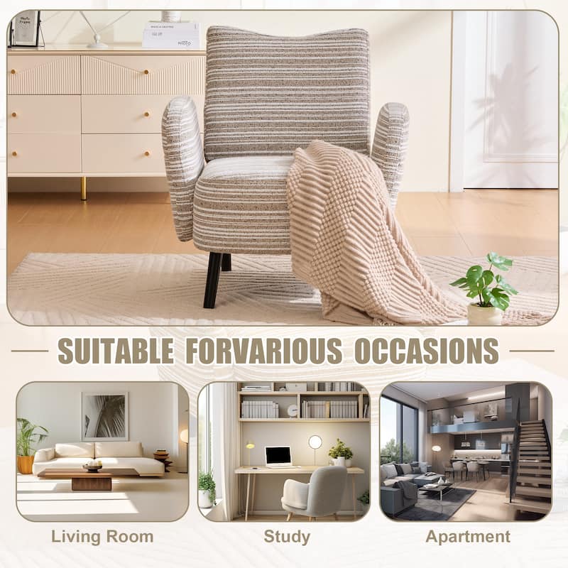HOMEFUN Boucle Upholstered Stripes Comfortable Wood Frame Single Armchair with Side Pocket