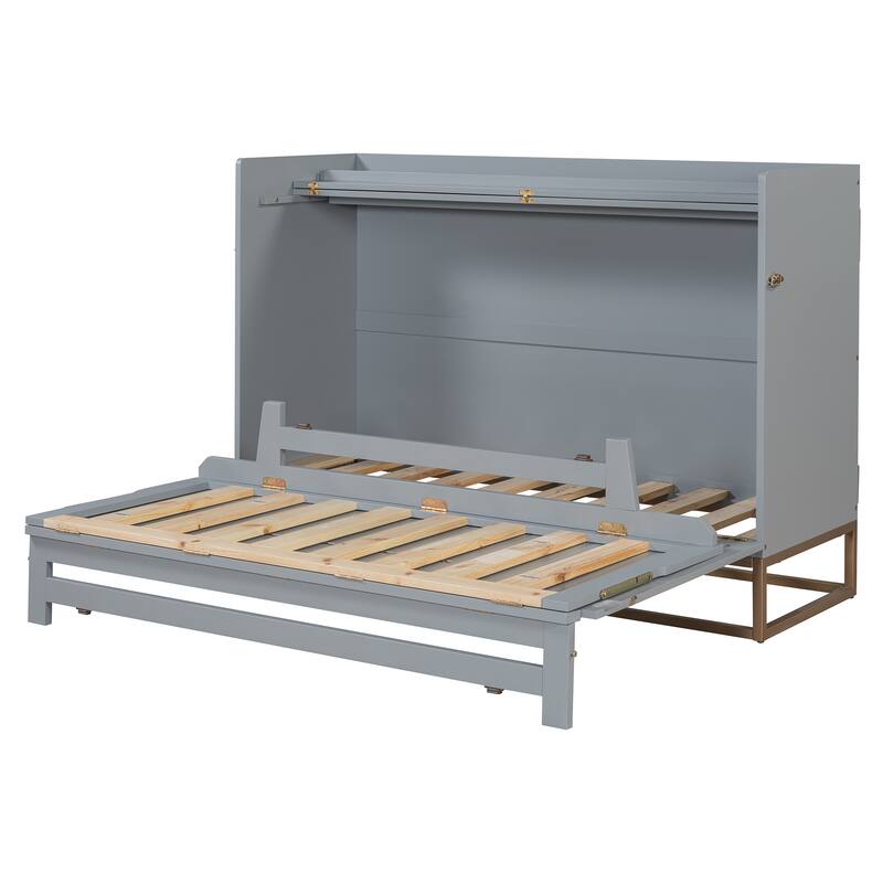Queen Size Murphy Bed Wall Bed with Iron Legs, Modern Small Room Foldable Bed, Wooden Wall Bed Frame for Home Office