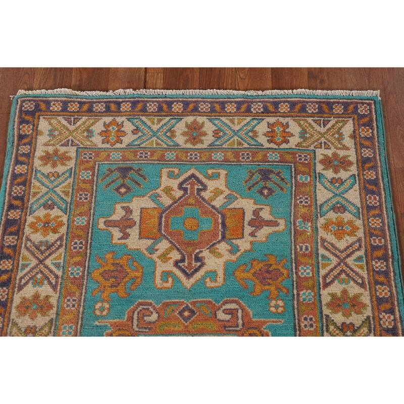 Turquoise Blue Kazak Oriental Accent Rug Hand-Knotted Wool Carpet - 2'8"x 3'10"