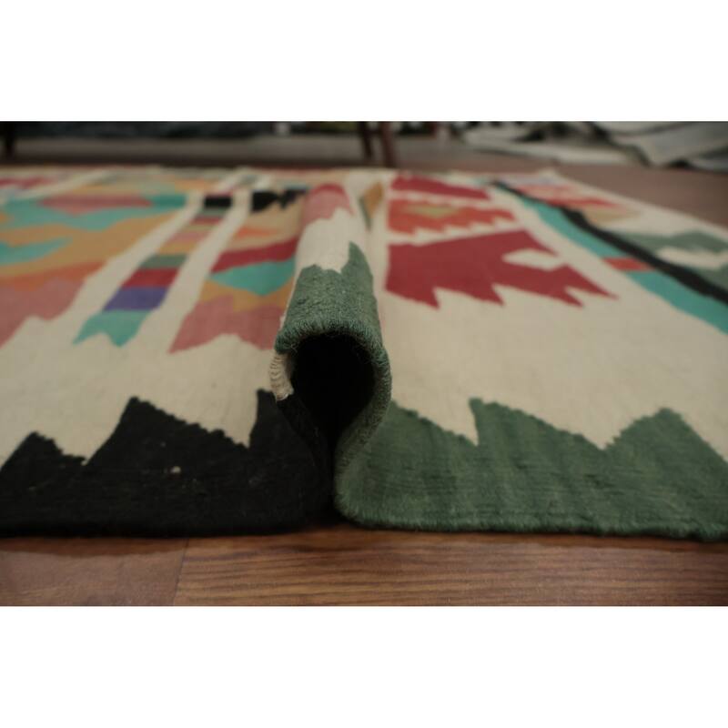 Hand Woven Oriental 100% Wool Carpet Southwestern Tribal Beige & Ivories Kilim Area Rug - 8' 0'' X 5' 9''