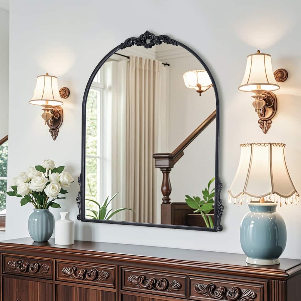 Vintage Metal Framed Gold Baroque Arched Decorative Wall Mounted Mirror For Living Room