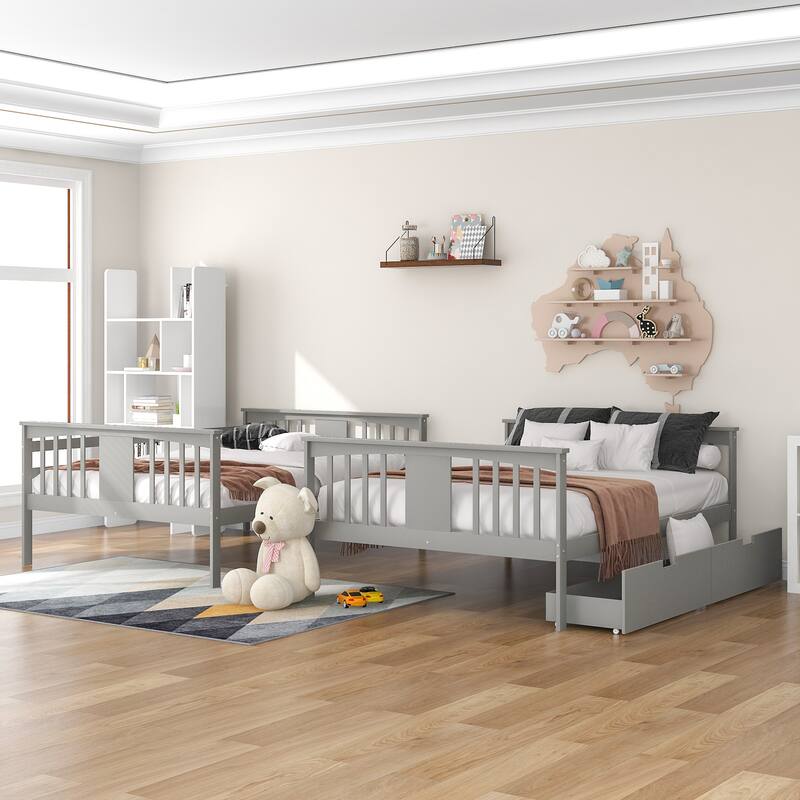 Full Pine Bunk Bed with Drawers, Ladder, and Headboard, Convertible to Two Beds