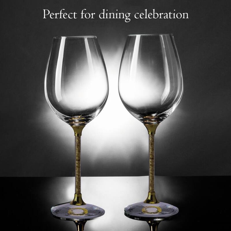 Matashi Crystal Wine Glasses Set of 2, 18.5 oz - Lead-Free Gold Foil Filled Glassware - Wedding & Celebration Drinkware