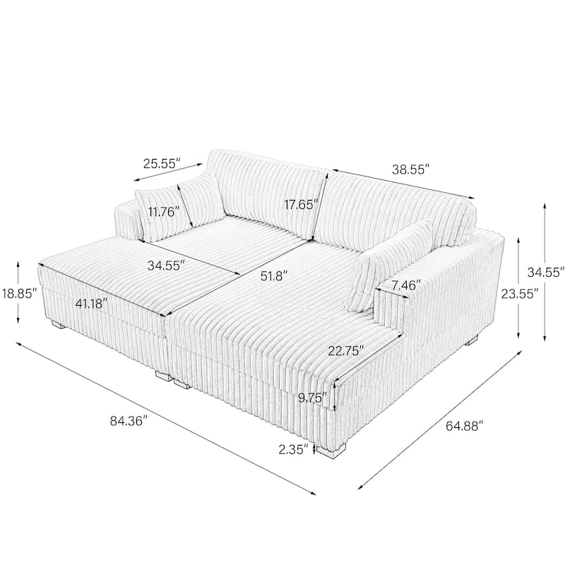 Sophia 84" W Plush Corduroy Chaise Lounge Modular Sectional Sofa