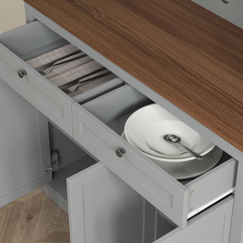 Tall Adjustable Shelves Kitchen Pantry Cabinet with Glass Doors and 8 Compartments 2 Drawers - 39.4" W x 15.7" D x 70.9" H