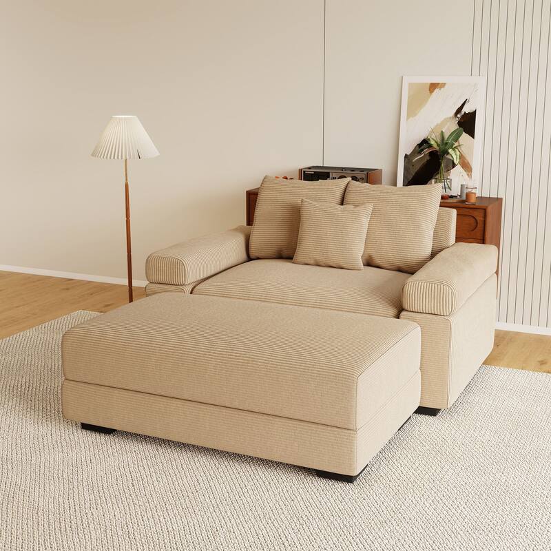 Rossetta Modern 54.3" Oversized Soft Cloud Corduroy Upholstery Extra-Thick Armrests Couch with Throw Pillows, 1 Movable Ottoman