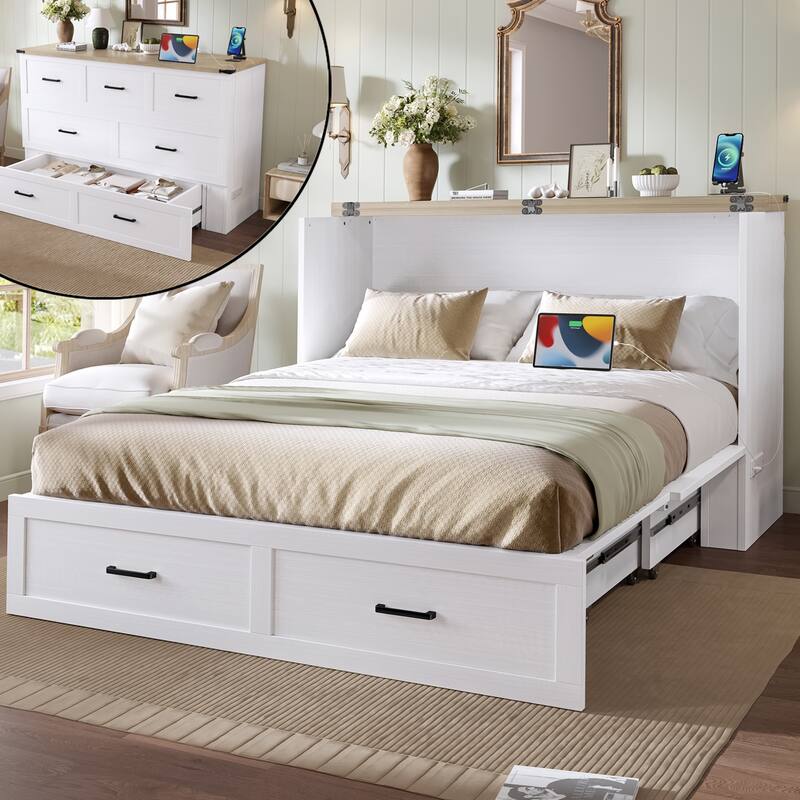 Modern Murphy Bed Cabinet Bed with Drawer Charging Station - White - Queen
