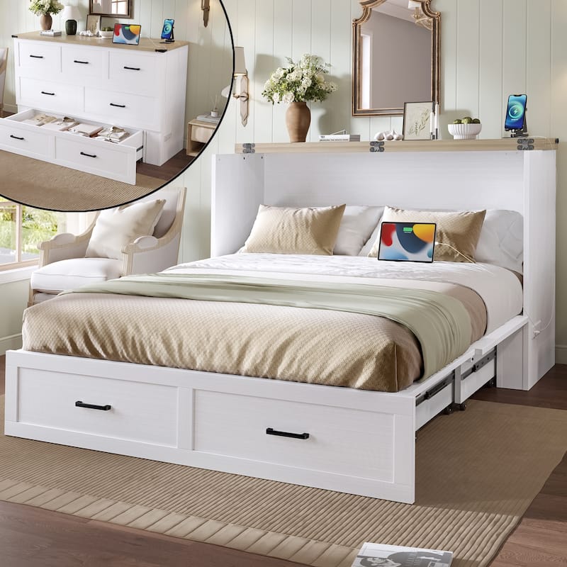 Queen Size Foldable Platform Bed with Charging Station and Storage Drawer, Ideal for Small Spaces - White