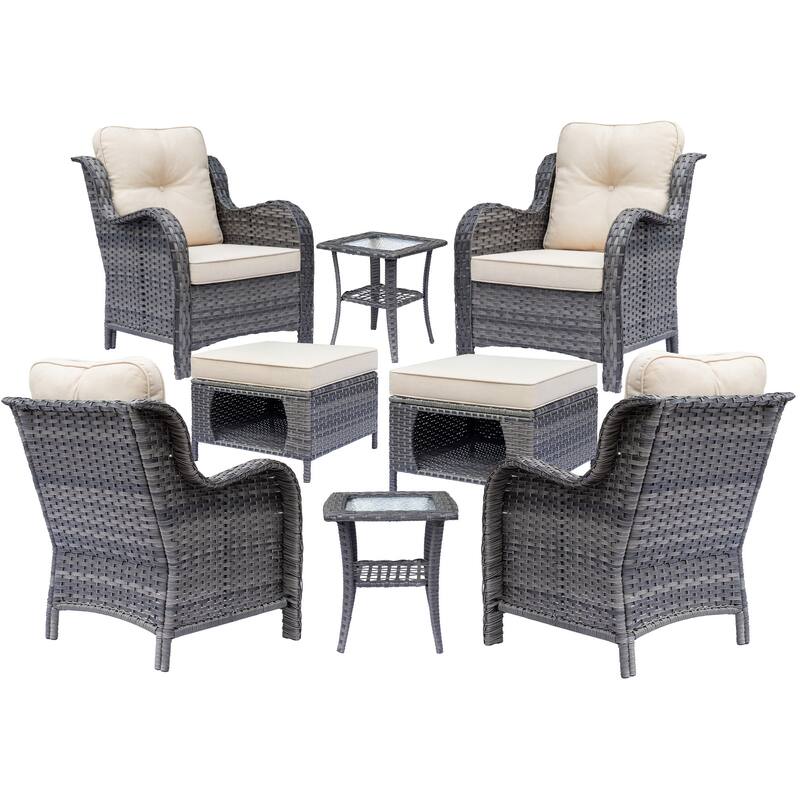 8 Piece Outdoor Wicker Patio Furniture Conversation Chair and Ottoman Set