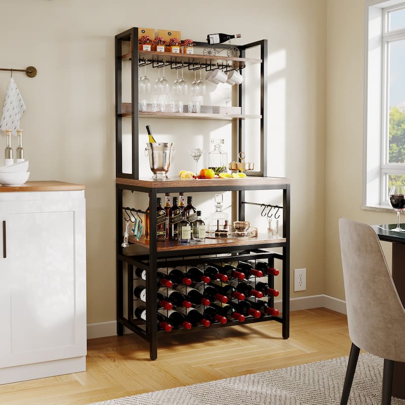 Wine Rack Table 21 Bottle Bakers & Glass Racks with Power Outlet Freestanding Floor Liquor Cabinet - Brown