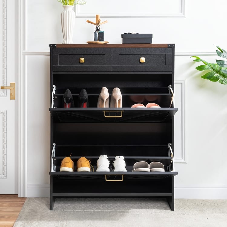 Farmhouse Shoe Cabinet with 2 Flip Drawers and 2 Storage Drawers – Slim Entryway Shoe Storage Cabinet, Narrow Shoe Organizer - Black