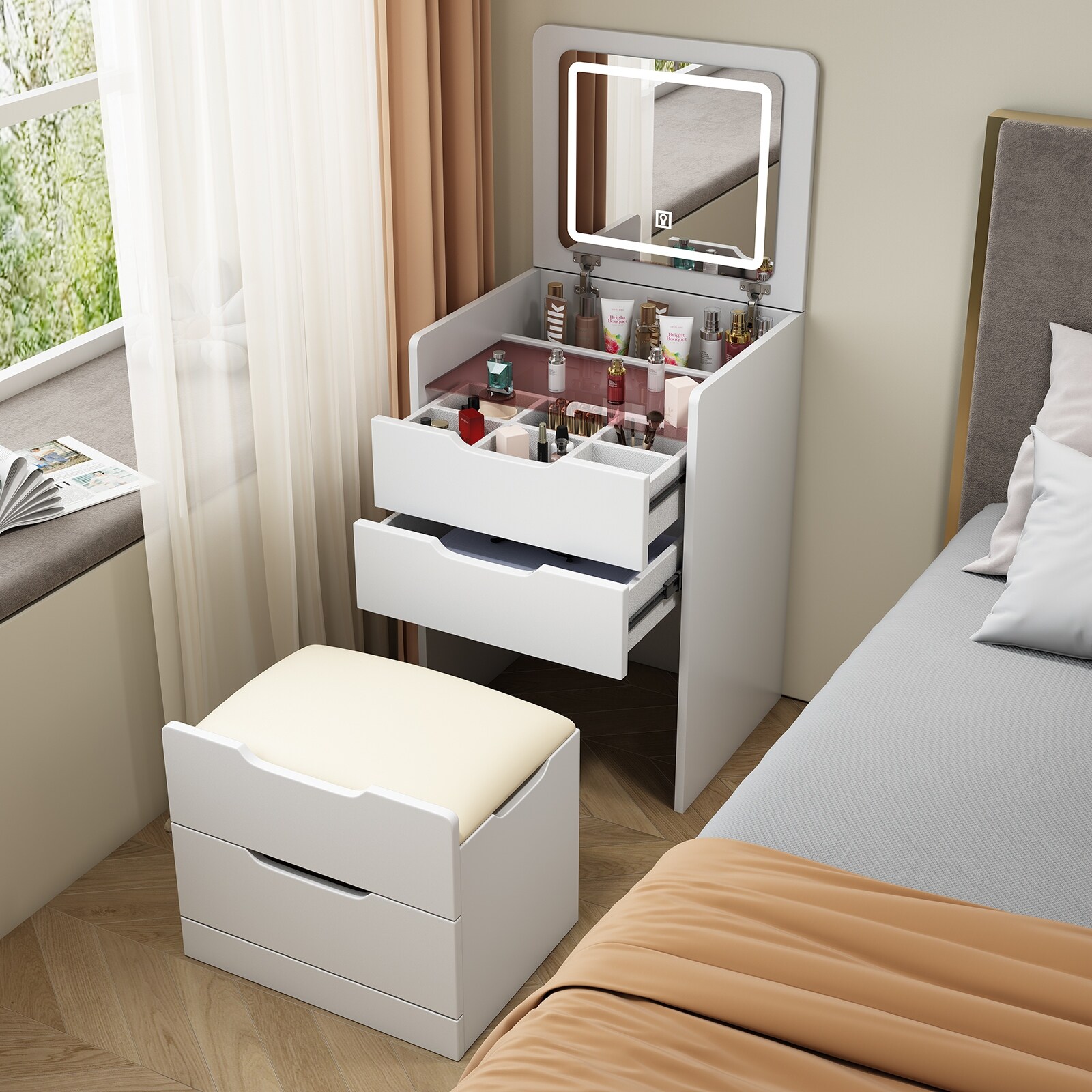 Comfor U 3 in 1 Dresser Compact Vanity Set with Visible Glass Top Compact Vanity with 3 Drawers Upholstered Tools Bedroom Dresse White
