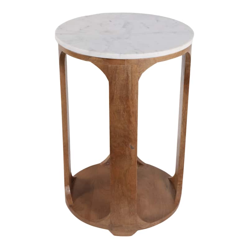 Modern Round Stone Top Accent Table with Wood Base - 22", Brown