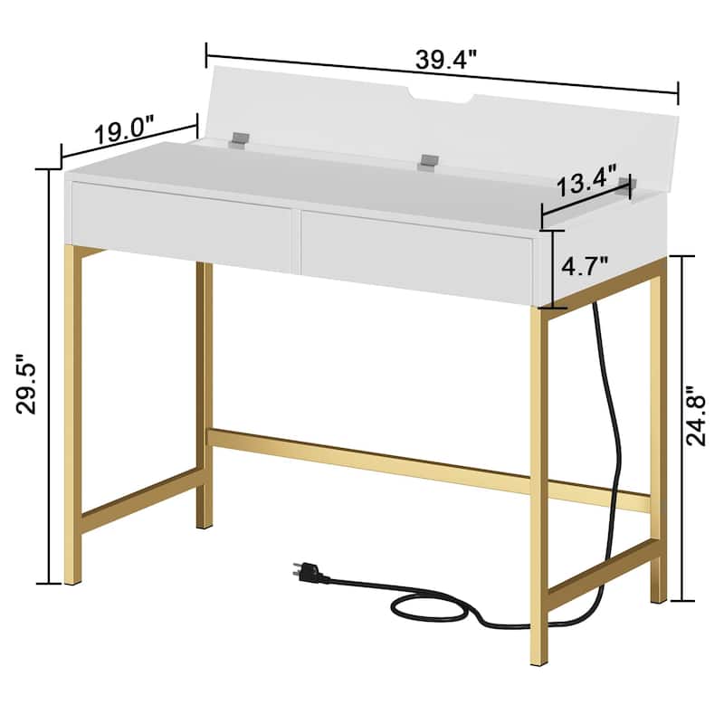 40" Charging Station Desk with 2 Outlets & 2 USB Ports - 2-Drawer Computer/Vanity Desk for Office or Bedroom