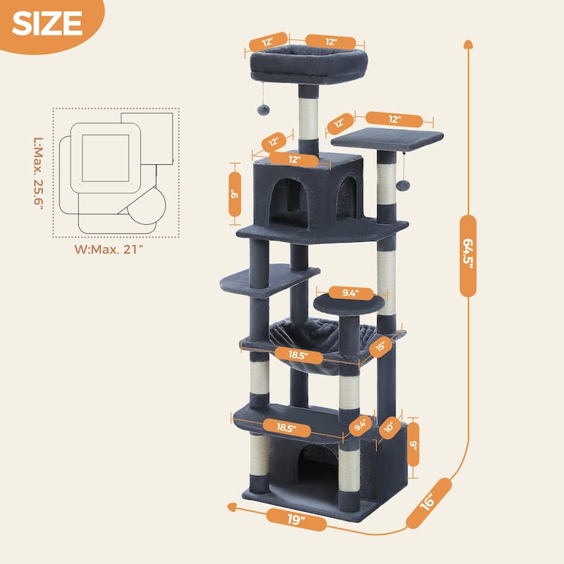 64.5" Cat Tree with Sisal-Covered Scratching Posts, 2 Padded Perch, Dual Condo and Basket