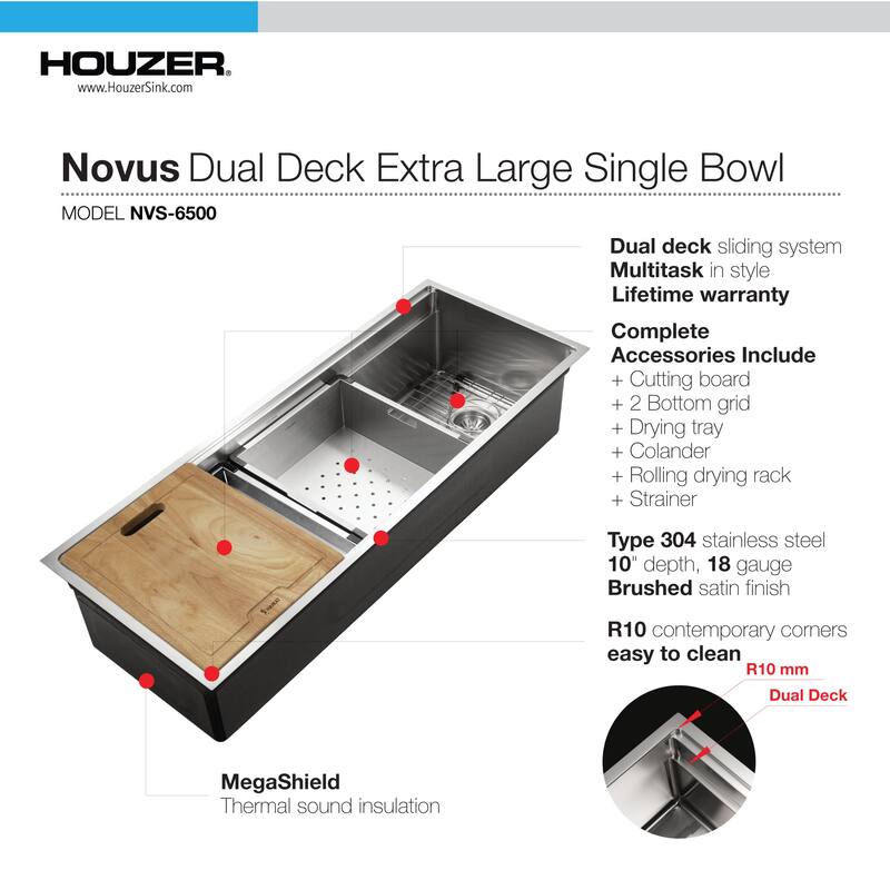 Houzer Novus 45" Undermount Single Basin Stainless Steel Kitchen Sink - Stainless Steel