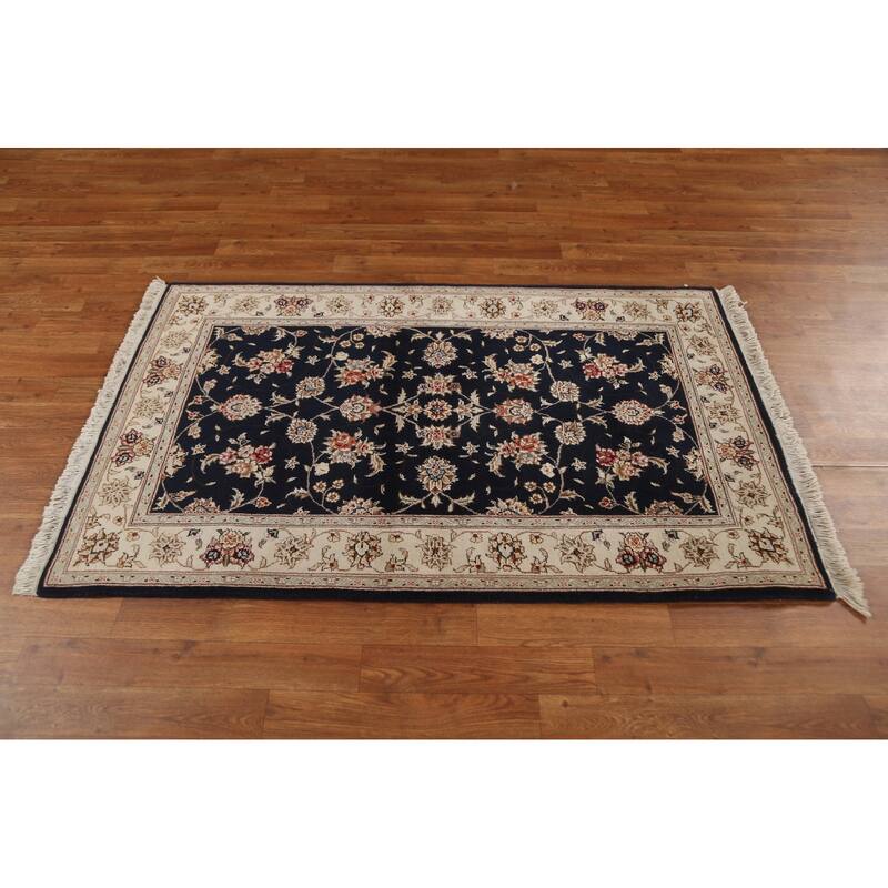 Hand Knotted Oriental Wool & Silk Carpet Traditional Floral Navy Blue & Blues Tabriz Area Rug - 4' 11'' X 3' 1''