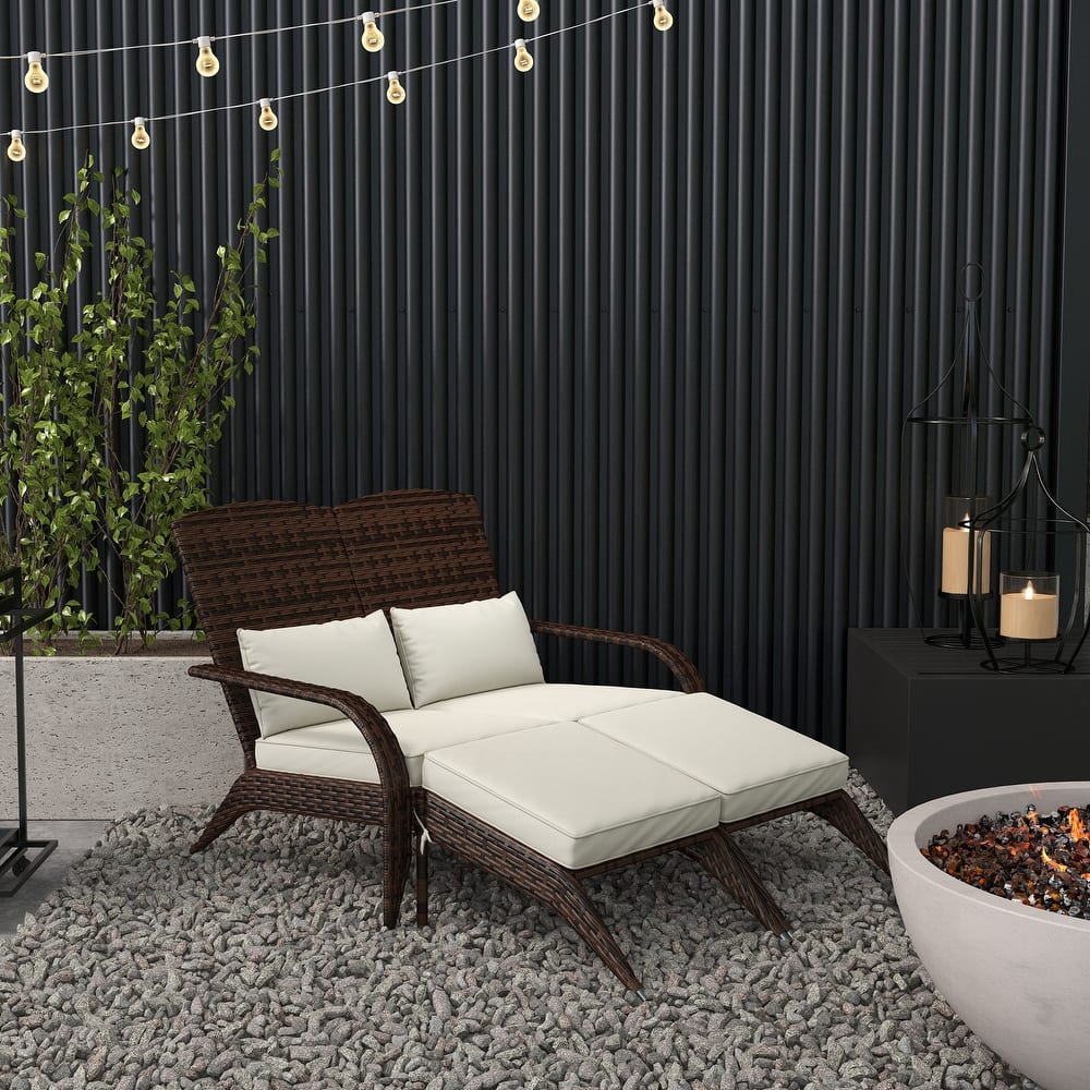 Outsunny Wicker Adirondack Chair for 2 with Cushions & Footrests, PE Rattan Fire Pit Chair