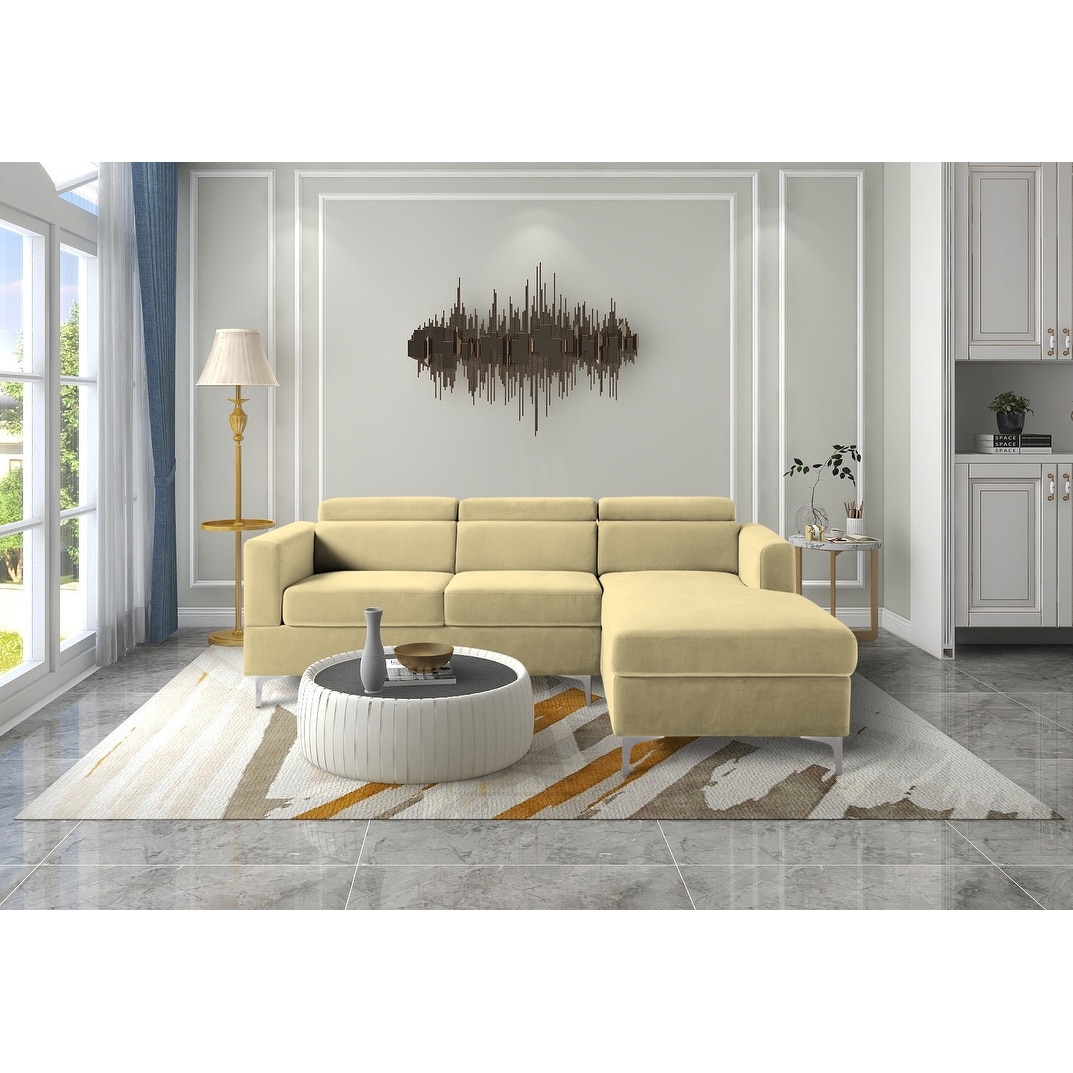 83.4" Beige Sectional Sofa beige velvet sofa with Adjustable Headrest